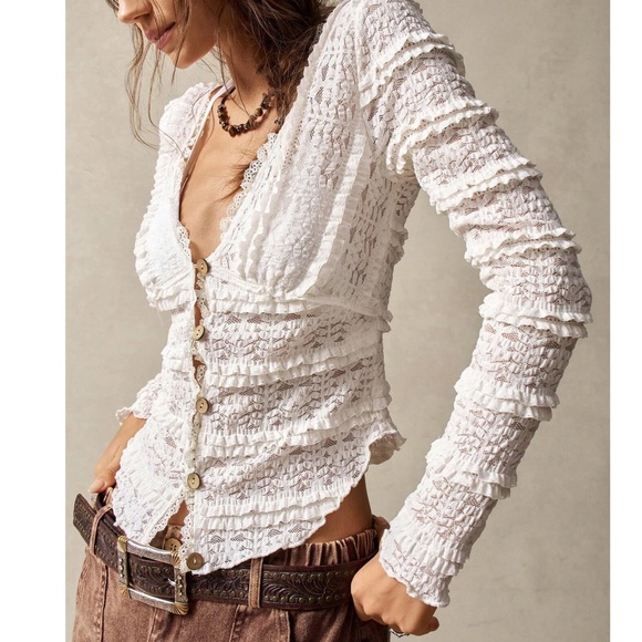 Boho Fitted Button Down Frill Ruffle Detail Long Sleeve top - Picture 6 of 12